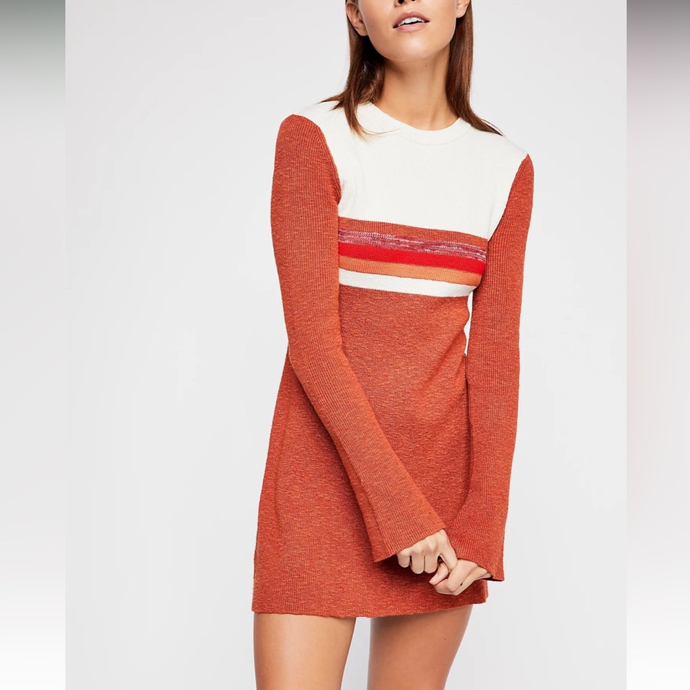 Free People Color Block Orange Cream Flared Sleeve Sweater Dress Size Small